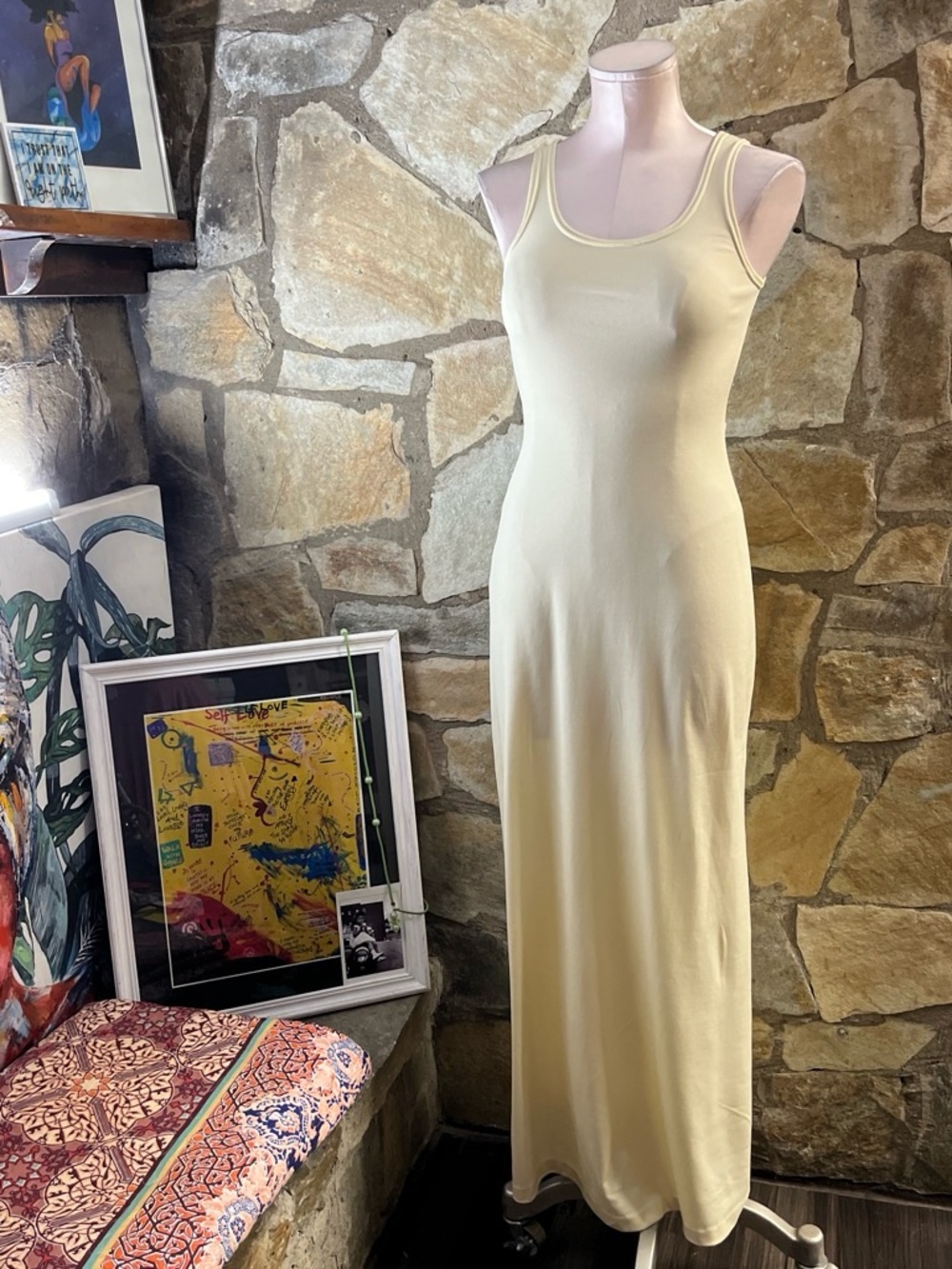 Vintage Cream Minimalist Maxi Dress Size 5 Stretch Bodycon Tank Dress